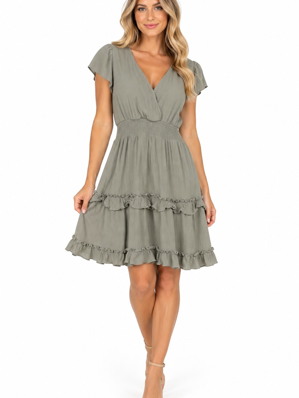 Women's Olive Ruffle Tiered Dress - V-Neck Smocked Waist - 1050